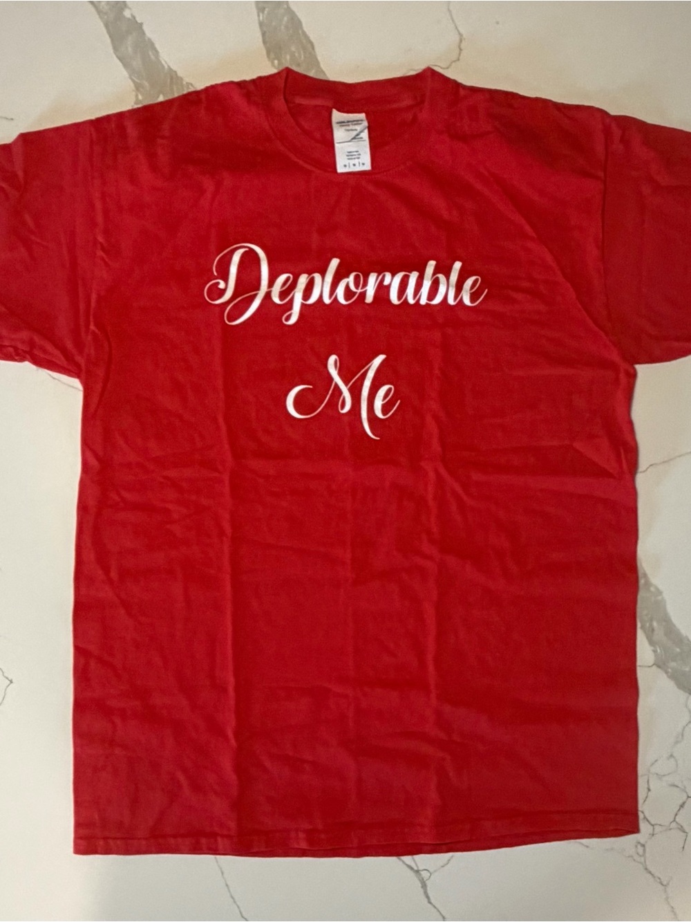 Gildan Red Graphic Tee with White "Deplorable Me" Script
